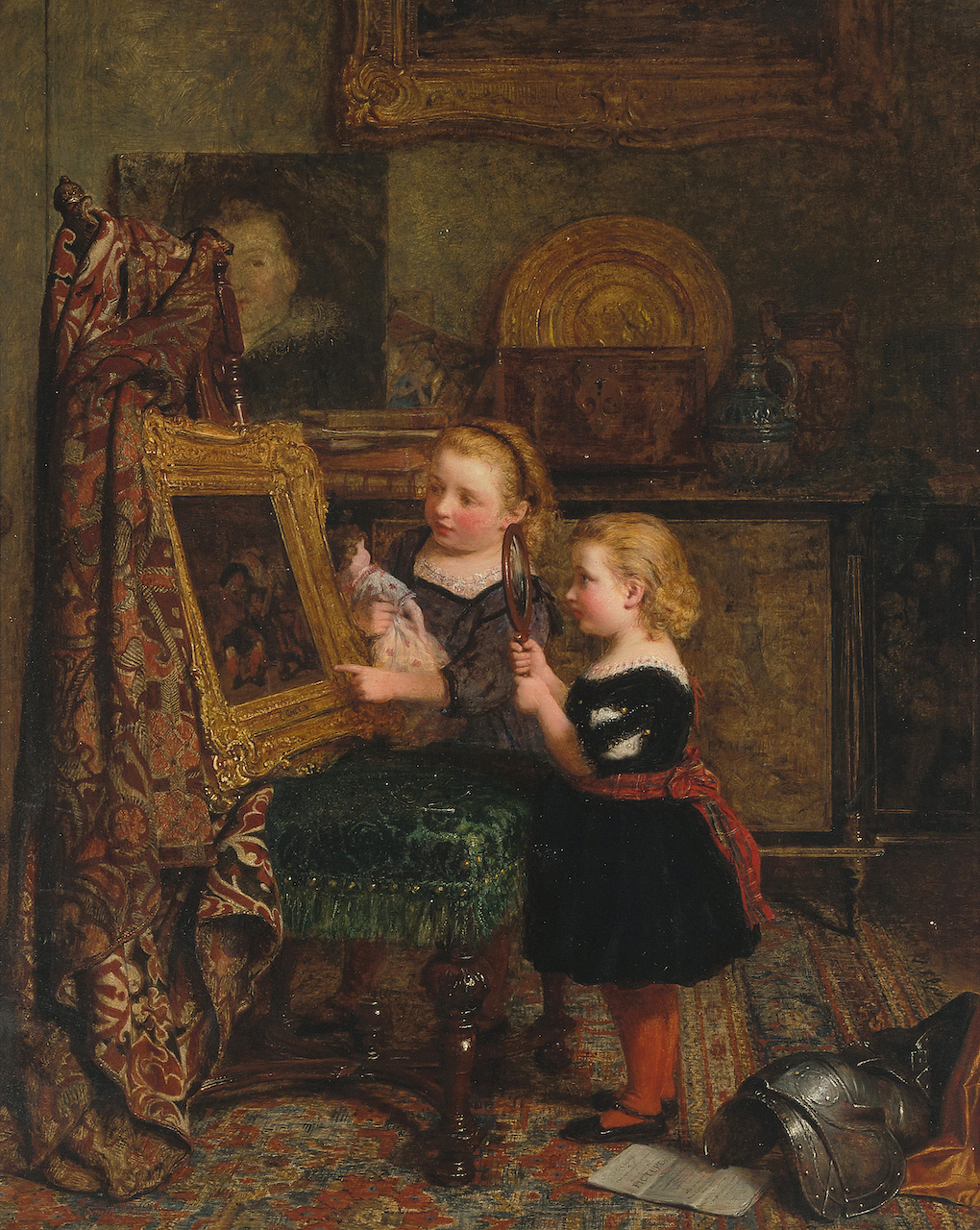 George Smith (1829-1901) Jonge kunstliefhebsters bekijken een schilderij door Gabriel Metsu, 1864